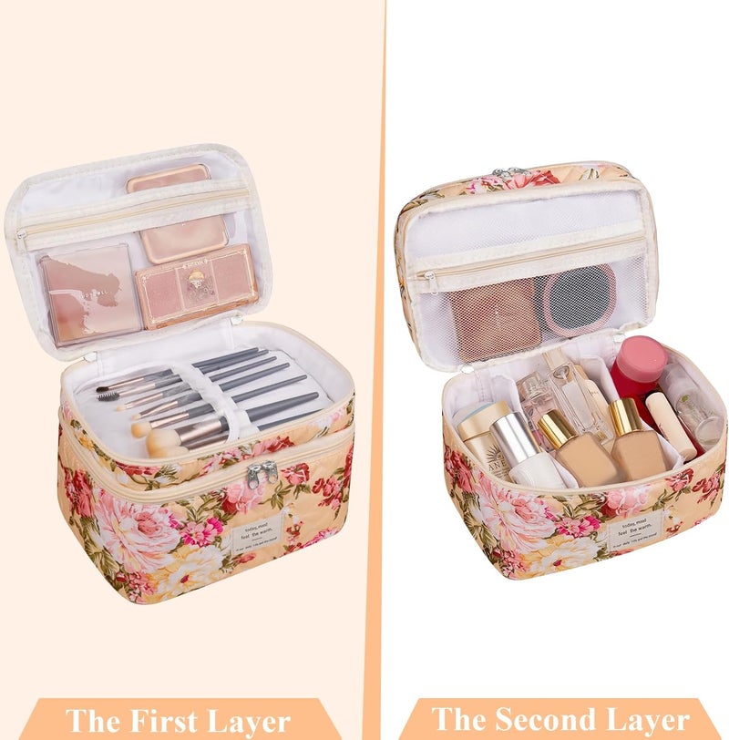 Gosect Makeup bag, Large Cosmetic Bag for Women Girls, Cute Quilted Makeup Bags, Floral Coquette Aesthetic Toiletry Bag, Travel Make Up Organizer Bag (Pink Flowers) - Image 3